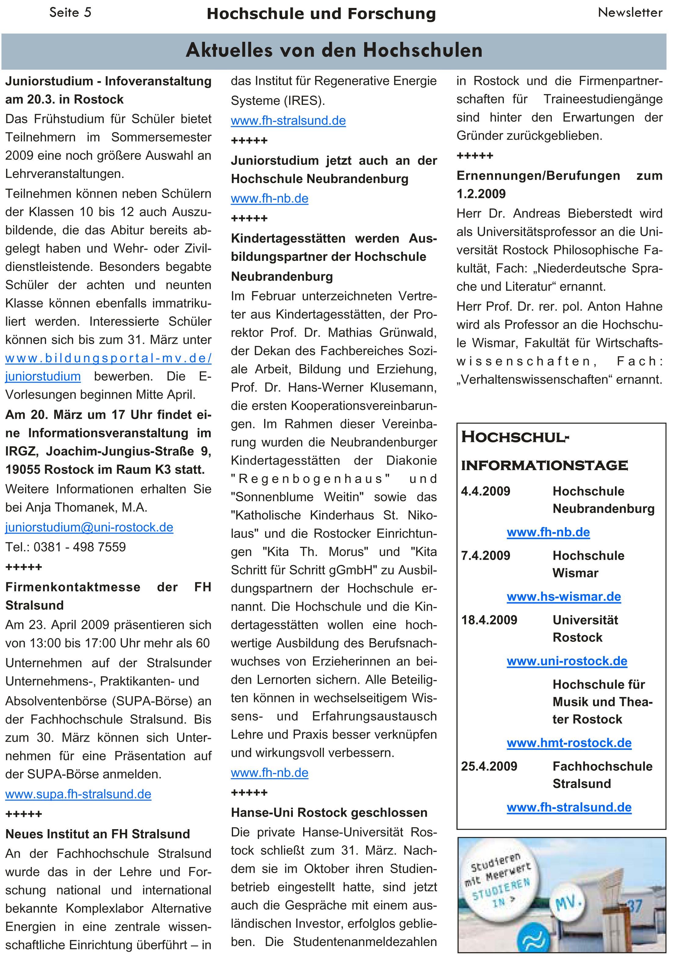 Newsletter des Bildungsministeriums MV 3/2009